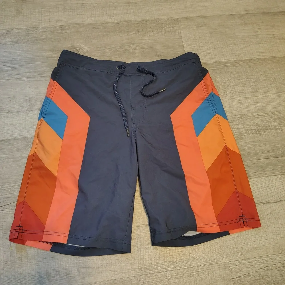 Fair Harbor Mens Board Shorts Navy Orange Chevron Swim Trunks Liner Size Medium